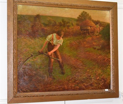 Lot 1073 - British School (Late 19th/early 20th) A reaper at sunset, oil on canvas, 93cm by 111cm