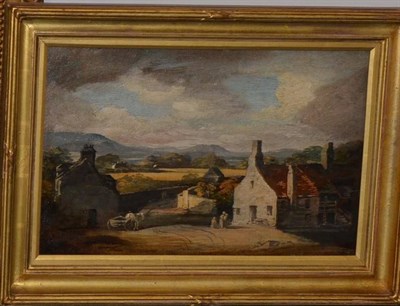 Lot 1091 - Circle of George Beaumont (late 18th century) Figures and a horse and cart before cottages, oil...