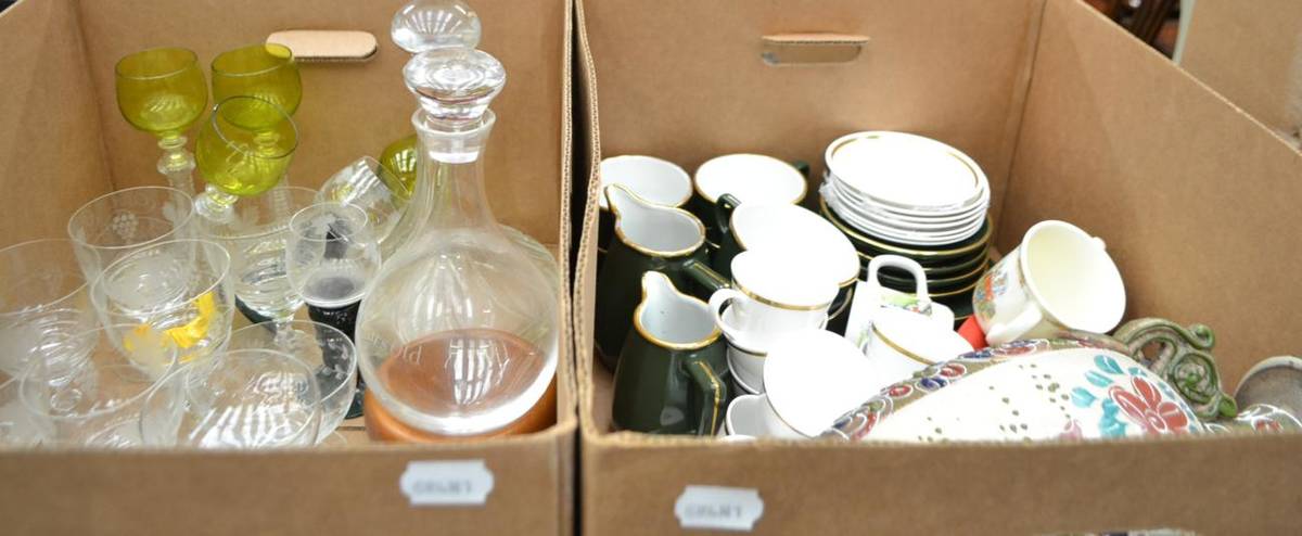 Lot 1463 - Five boxes including wine glasses, Royal Tuscan coffee set, ornamental items, Oriental...