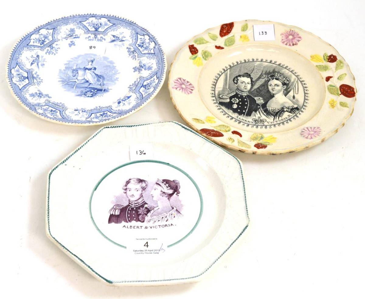 Lot 4 - A Staffordshire pottery nursery plate, printed in puce with ";ALBERT & VICTORIA";; a similar...