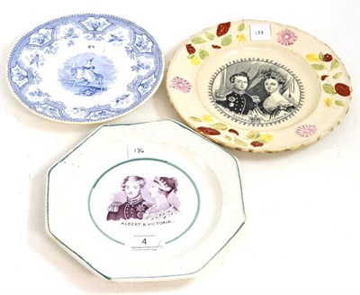 Lot 4 - A Staffordshire pottery nursery plate, printed in puce with ";ALBERT & VICTORIA";; a similar...
