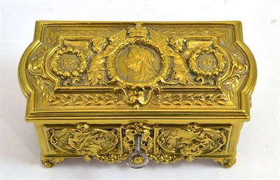 Lot 15 - A Diamond Jubilee commemorative cast brass jewellery casket/musical box circa 1897, of shaped...