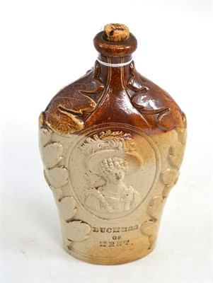 Lot 25 - A brown salt glaze stoneware flask, circa 1837, of flattened baluster form, moulded with titled...