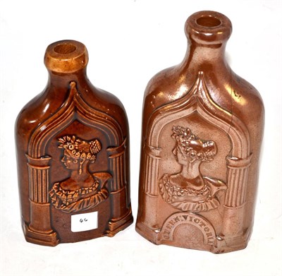 Lot 27 - A brown salt glaze stoneware flask, circa 1837, of flattened baluster form, moulded with titled...