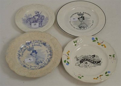 Lot 30 - A Staffordshire pottery nursery plate, printed underglaze blue with ";VICTORIA REGINA Born 23rd May