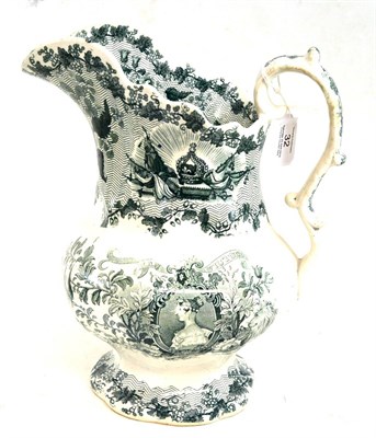 Lot 32 - A Staffordshire pottery water jug, circa 1840, of panelled baluster form printed in green with bust