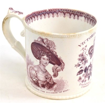 Lot 38 - Read & Clementson Coronation commemorative mug, circa 1838, printed in puce ";VICTORIA REGINA...