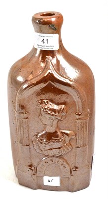 Lot 41 - A brown salt glaze stoneware flask, circa 1837, moulded with bust portrait ";QUEEN VICTORIA &...