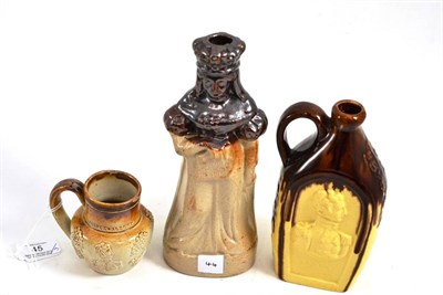 Lot 45 - A brown salt glaze stoneware flask, circa 1840, of Queen Victoria carrying a scroll, 23cm high;...