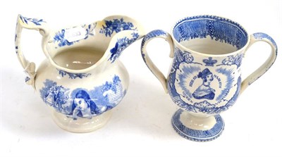 Lot 47 - A Staffordshire pearlware loving cup, circa 1838, printed underglaze blue with ";HER GRACIOUS...
