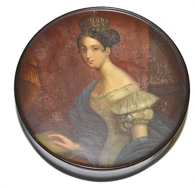 Lot 51 - A lacquer circular box and cover, circa 1840, the cover painted with a bust portrait of Queen...