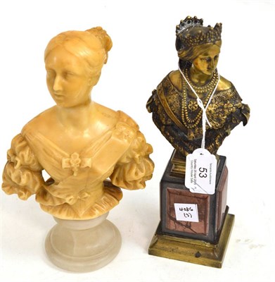 Lot 53 - A brass bust of the young Queen Victoria wearing Renaissance style headdress and dress, on a marble