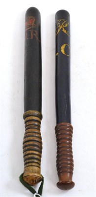 Lot 72 - A Victorian truncheon with gilt VR monogram and initialled ";SC";, 47cm long; and a similar...
