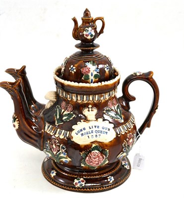 Lot 75 - A Measham bargeware large double spouted Victoria Golden Jubilee commemorative teapot and...