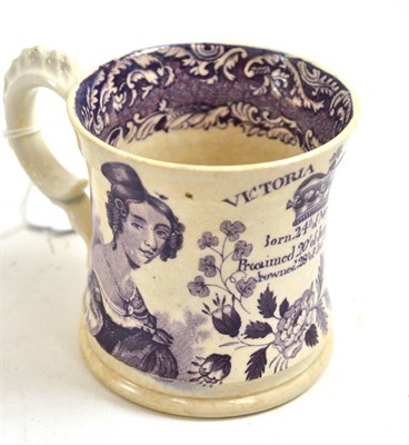 Lot 85 - Swansea pottery Coronation commemorative mug, circa 1838, of waisted form, printed in puce with...