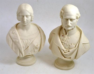 Lot 94 - A pair of Copeland Parian busts of Queen Victoria and Prince Albert, circa 1860, on circular...