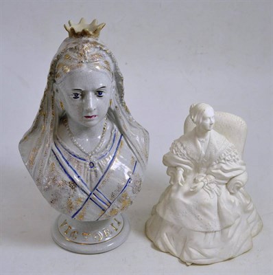 Lot 95 - A Staffordshire pottery bust of Queen Victoria, circa 1870, wearing regal robes, on a titled...