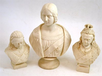 Lot 114 - A Copeland Parian bust of Queen Victoria, circa 1860, on a circular socle, 29cm high; and two...