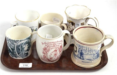 Lot 116 - A Staffordshire pottery mug, dated 1876, printed underglaze blue with ";THE QUEEN AND...