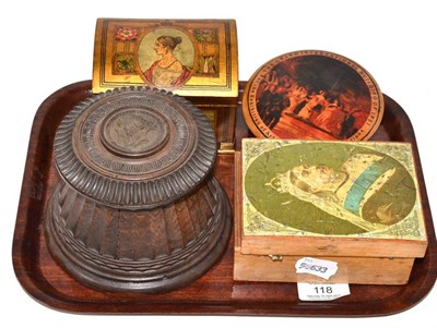 Lot 118 - An engine turned lignum vitae box and cover, circa 1840, the cover with bust portraits of Queen...