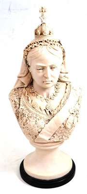 Lot 119 - A cast stone bust of Queen Victoria, no date, wearing a crown and sash, on circular base and...