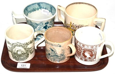 Lot 121 - Staffordshire pottery mug printed with ";HER GRACIOUS MAJESTY QUEEN VICTORIA"; on a foliate ground