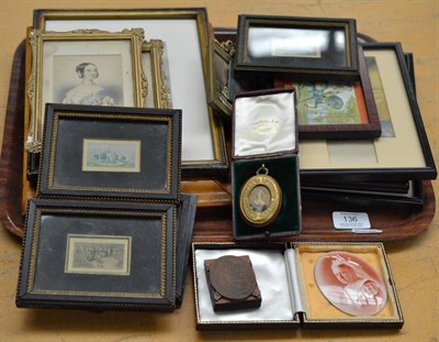 Lot 136 - Two framed photographs of Queen Victoria; an enamel plaque decorated with Queen Victoria;...