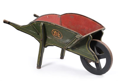 Lot 144 - A Royal commemorative wheel barrow, late 19th century, painted with VR monograms on a green...