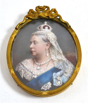 Lot 145 - English School, late 19th century, a miniature portrait of Queen Victoria in crown and regalia,...