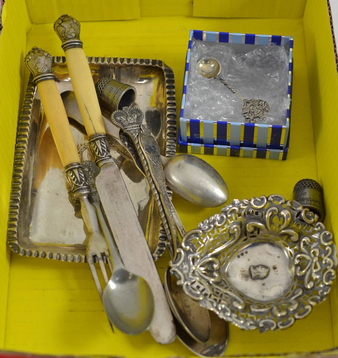 Lot 152 - A pair of diamond jubilee commemorative silver spoons, London 1897; a similar spoon; a salt...