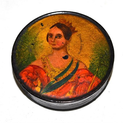 Lot 158 - A lacquer circular box and cover, circa 1840, printed and over painted with a bust portrait of...