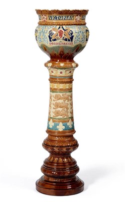 Lot 174 - A Burmantofts jardinere and stand commemorating the Diamond Jubilee, 1897, of ovoid form...