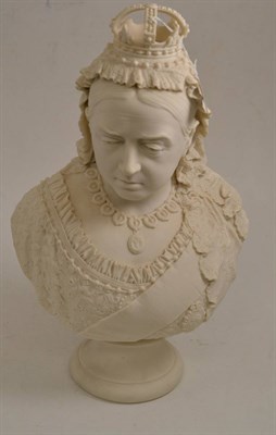 Lot 178 - A Robinson & Leadbeater Parian bust of Queen Victoria, circa 1887, wearing a crown chain and Albert