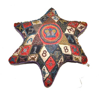 Lot 185 - Victorian beadwork pin cushion to commemorate the Jubilee 1887, 26cm diameter