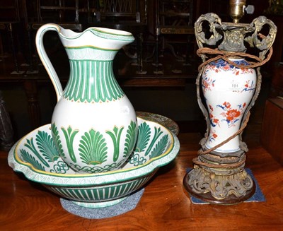 Lot 191 - 19th century ormolu Chinese vase lamp, height 50cm and Copeland green pottery jug and bowl (3)
