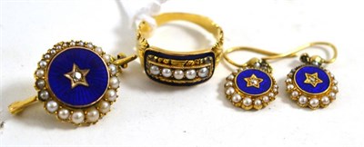 Lot 207 - A suite of blue enamel and pearl jewellery, including a ring set with a row of split pearls...