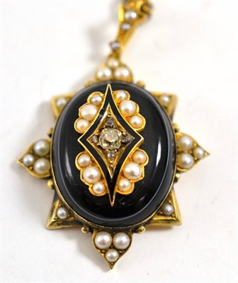 Lot 208 - A Victorian mourning pendant, an oval sardonyx inset with an old cut diamond cluster with pearl...