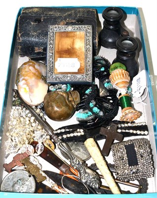 Lot 215 - Sewing items, scull vesta, medallions, miniature silver photograph frame, buckles, etc