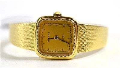 Lot 222 - A 14ct gold lady's wristwatch, signed Zenith, circa 1985, quartz movement, gilt dial with dot...