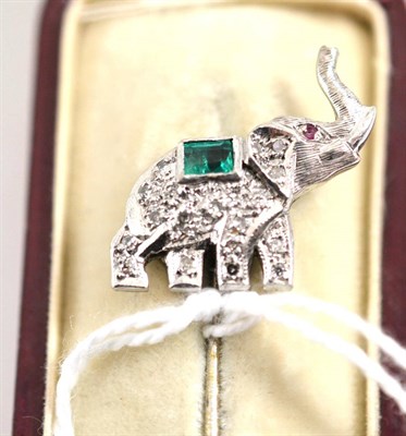 Lot 223 - An emerald and diamond stick pin, in the form of an elephant, length 6cm, cased