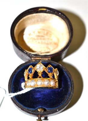 Lot 224 - A coronet ring set with sapphires, diamond and split pearls, total estimated diamond weight...