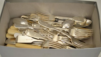 Lot 235 - Victorian silver flatware, six table forks, six dessert forks, six spoons, twelve steel knives...