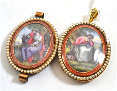 Lot 243 - A pendant, of oval form, a pastoral scene centrally with a border of red enamel and an outer border