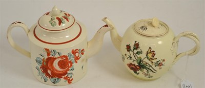 Lot 257 - Leeds creamware teapot and cover, circa 1770, of cylindrical form painted with rose sprays,...