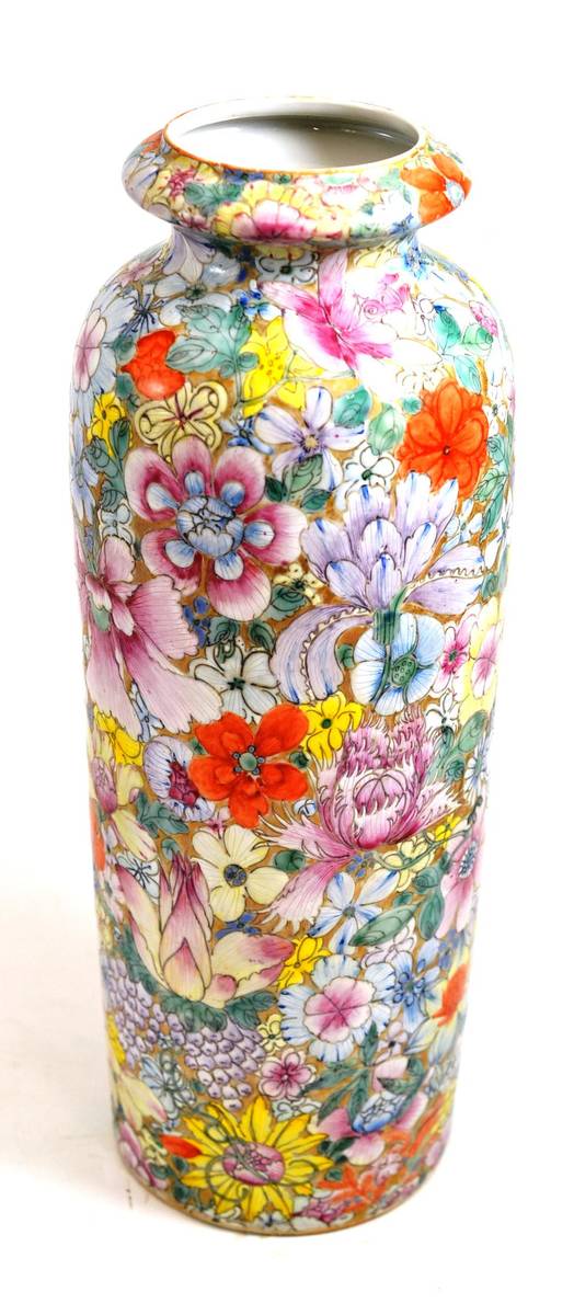 Lot 261 - A Chinese millifiori famille rose vase, bears Qianlong reign mark, of cylindrical form, four...