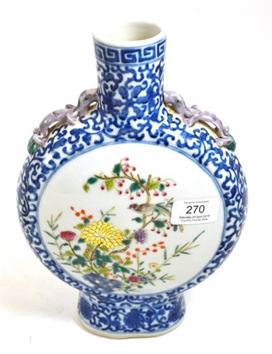 Lot 270 - A Chinese porcelain moon flask, 19th century, painted with birds and branches on a blue scroll...