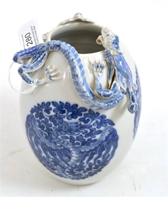 Lot 280 - Chinese porcelain ovoid vase, shoulder applied with a dragon, painted underglaze blue with...