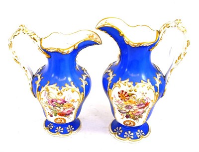 Lot 286 - Pair of Staffordshire porcelain ewers, circa 1830, decorated with mottos, crests and flowers in...