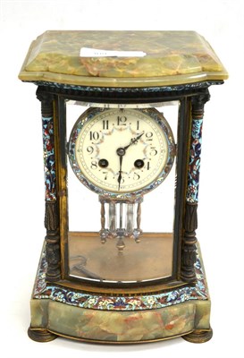 Lot 309 - A champleve enamel and onyx four glass striking mantel clock, circa 1900, 4-inch enamel dial,...