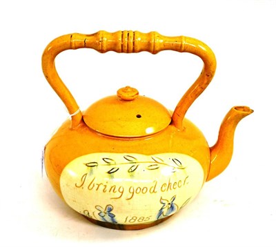 Lot 315 - Meerschaum yellow ground teapot ";I Bring Good Cheer"; dated 1885